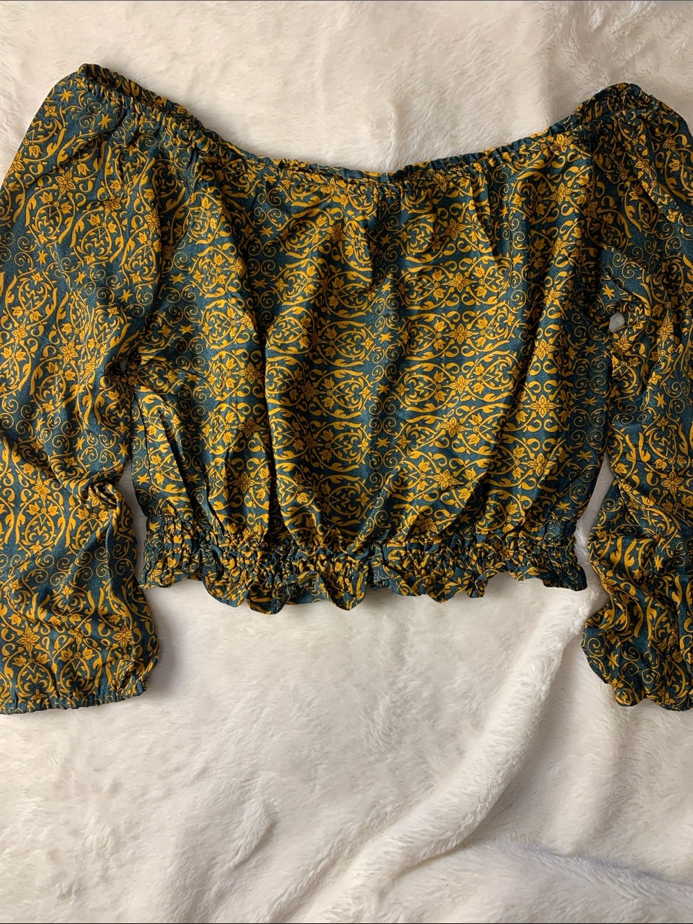 Bohemian Off-Shoulder Smocked Waist Blouse in Teal & Mustard